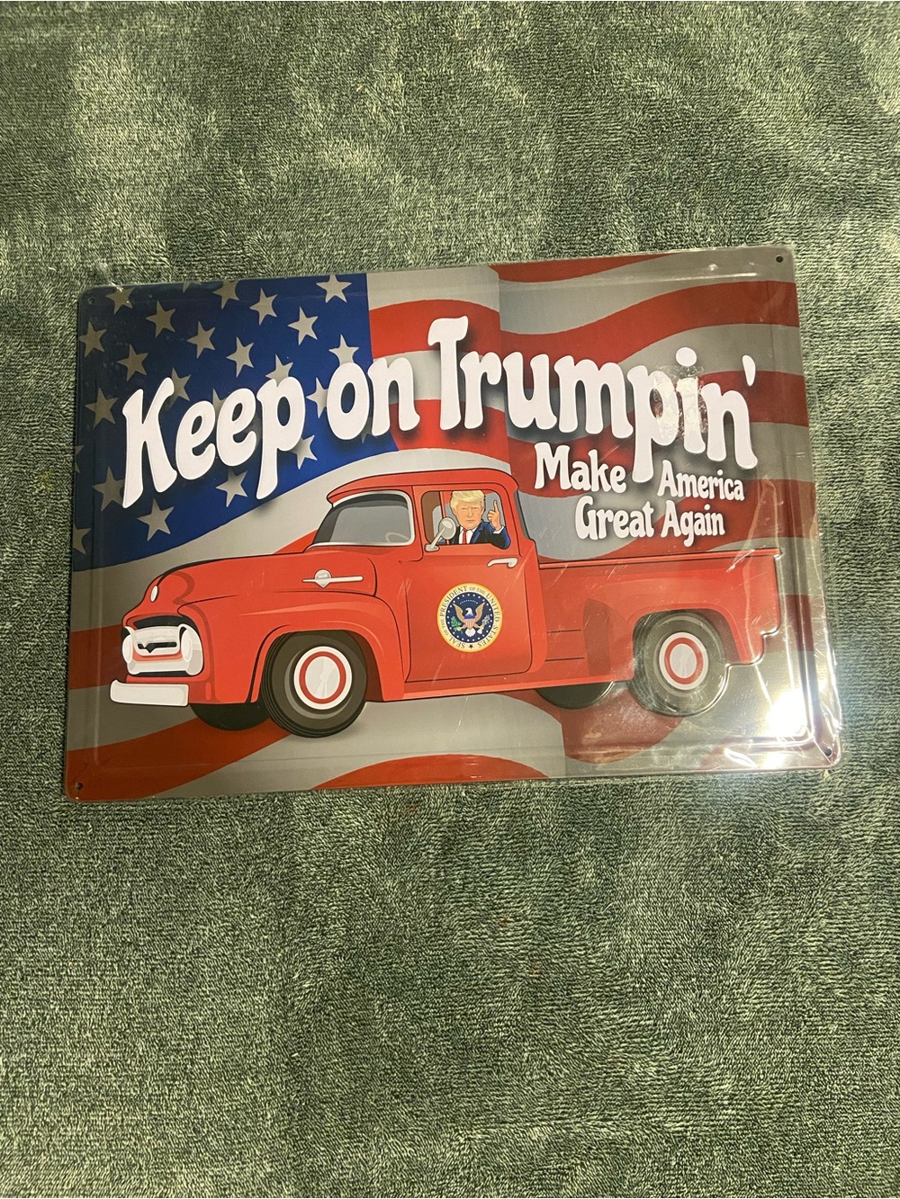 Keep on Trumpin' Red Flag Truck Metal Sign - Patriotic Home Accent